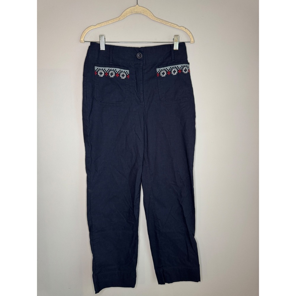 Nicole Miller New York Navy Blue Embroidered Crop Utility Pants Womens Size 6